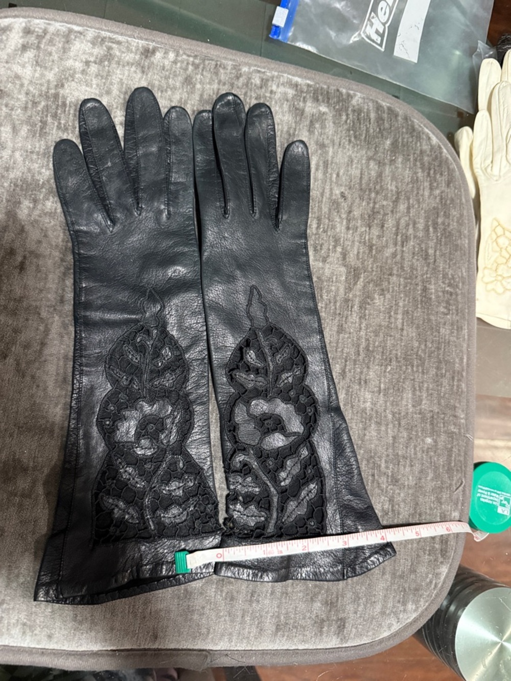 Black Leather Gloves with Lace Inset – Women’s Elegant Gloves - Picture 5 of 7